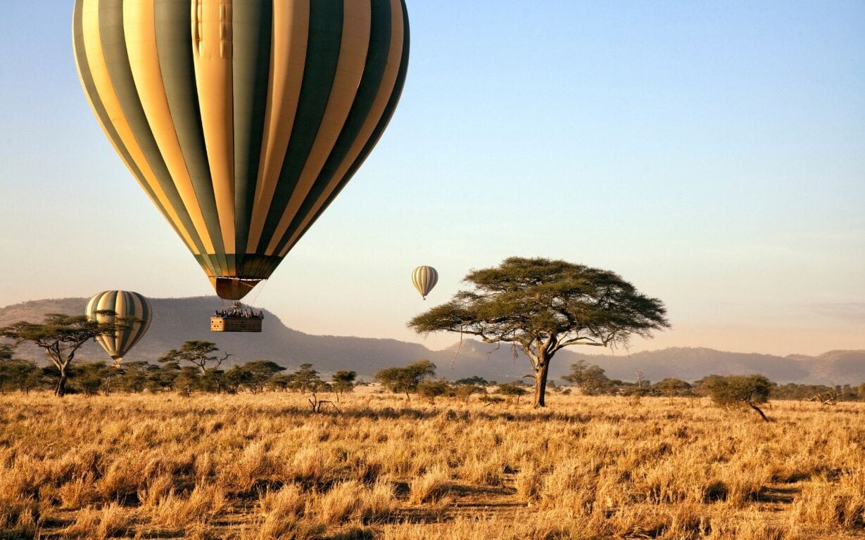 Hot air balloon over Serengeti at sunrise
